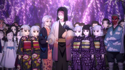 4K Ultra HD Anime wallpaper featuring characters from Demon Slayer: Kimetsu no Yaiba standing under glowing purple wisteria blossoms.