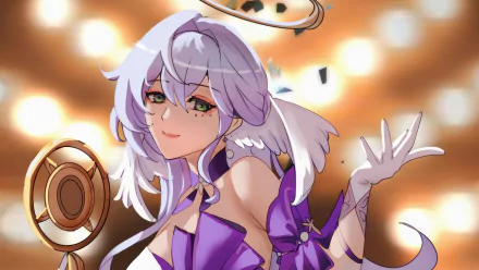HD desktop wallpaper featuring Robin from Honkai: Star Rail, set against a dynamic bokeh background, showcasing her with silver hair and a purple outfit.