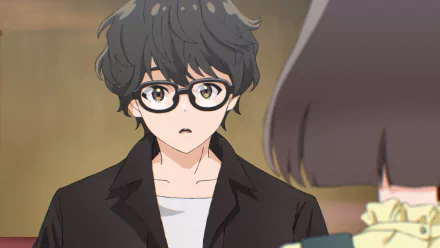 HD anime wallpaper featuring a young anime boy with black hair and glasses in a brown jacket, looking slightly surprised.