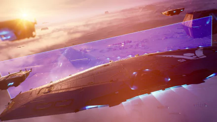 HD desktop wallpaper featuring a scene from Homeworld 3 video game, with large space ships hovering above a vibrant, cloud-covered planet.