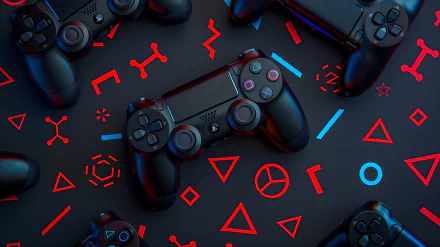 HD wallpaper featuring multiple PlayStation controllers scattered over a dark background adorned with colorful gaming icons.