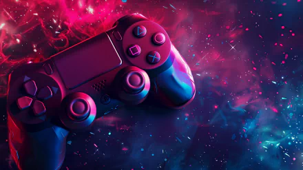 A vibrant HD wallpaper of a PlayStation controller immersed in a cosmic-inspired, pink and blue nebula background.