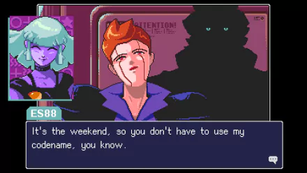 HD desktop wallpaper from Read Only Memories: NEURODIVER featuring character dialog in a pixel art style.