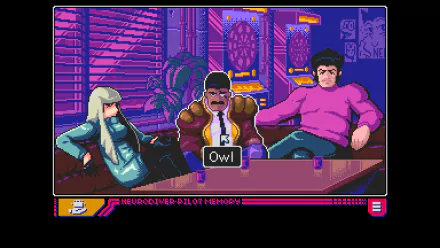 HD desktop wallpaper from Read Only Memories: NEURODIVER featuring three characters in a neon-lit bar setting, styled in vibrant pixel art.