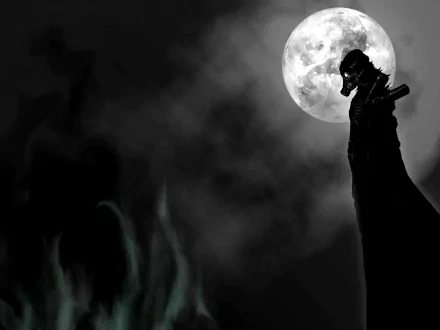 A dark, atmospheric HD desktop wallpaper featuring a figure in a gas mask under a full moon, with haunting shadows and smoky textures creating a mysterious vibe.