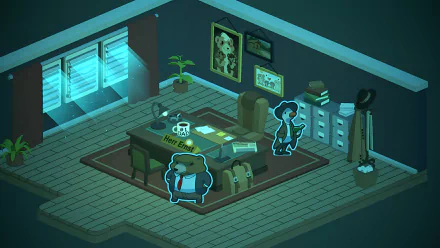 HD desktop wallpaper featuring a scene from the video game Duck Detective: The Secret Salami. The image shows a detective's office with two animated characters, a desk, and various detective items.