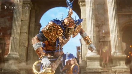 HD desktop wallpaper featuring a warrior in ornate armor from the video game Enotria: The Last Song, set against a backdrop of ancient ruins.