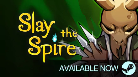 HD wallpaper for Slay the Spire featuring character art and text Slay the Spire with Available Now on a green background.