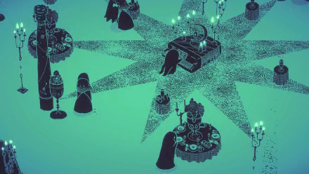 HD desktop wallpaper and background from the video game Hauntii featuring a mysterious, teal-colored scene with dark-robed figures around tables and an intricate central star design.