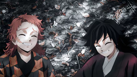 Anime-style 4K Ultra HD desktop wallpaper featuring smiling characters from Demon Slayer: Kimetsu no Yaiba against a dark, textured background with scattered leaves.