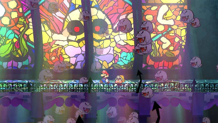 HD desktop wallpaper featuring a scene from Paper Mario: The Thousand-Year Door (2024) with Mario and a friend crossing a bridge surrounded by Boos in front of colorful stained glass windows.