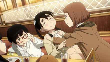 Anime scene from Dead Dead Demon's Dededede Destruction showing three characters interacting playfully at a restaurant. HD desktop wallpaper and background.