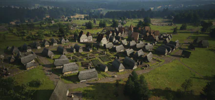 HD desktop wallpaper of the video game Manor Lords, displaying an aerial view of a medieval village surrounded by lush greenery.