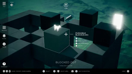 HD desktop wallpaper of the video game Humanity (2024), displaying a puzzle section with a white character on a movable block, surrounded by a grid of black blocks, and UI elements on the screen.