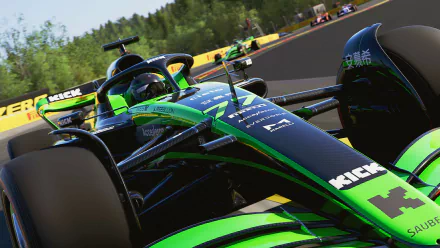 HD desktop wallpaper featuring an intense racing scene from the F1 24 video game, showcasing a sleek green Formula 1 car speeding through a track.