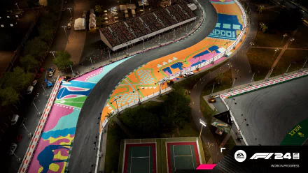 A vibrant HD desktop wallpaper and background featuring an aerial view of a colorful race track from the video game F1 24, with spectators and racing elements visible. EA Sports branding is present.