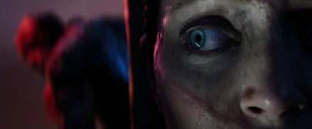 Close-up HD wallpaper of a character from Senua's Saga: Hellblade II with a detailed, intense expression.