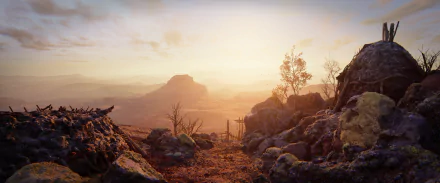 HD wallpaper for the video game Senua's Saga: Hellblade II, featuring a serene, rocky landscape bathed in sunset light.