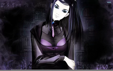 HD PC desktop wallpaper featuring a dark, atmospheric anime character from Ergo Proxy with long black hair and intense blue eyes against a shadowy background.