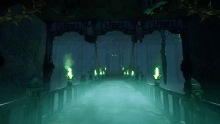 HD desktop wallpaper of the video game Rise Online, showcasing a mystical corridor with glowing green flames and an eerie, misty atmosphere.