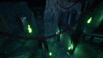 HD desktop wallpaper featuring a scene from the video game Rise Online. The image depicts a dimly lit, eerie dungeon with chains, stone walls, and green glowing lights.