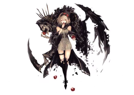 A striking HD anime wallpaper featuring an original character in a dramatic pose, adorned with dark elements and surrounded by floating hearts, artistic and captivating.