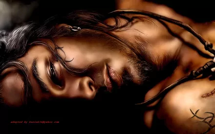 A mesmerizing HD fantasy wallpaper featuring a man with long hair and a contemplative expression, set against a dark backdrop, capturing a blend of mystery and allure.