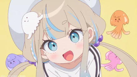 An HD desktop wallpaper featuring an anime character from Jellyfish Can’t Swim in the Night, showcasing a cheerful girl surrounded by colorful jellyfish against a yellow background.