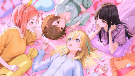 HD desktop wallpaper featuring characters from the anime Jellyfish Can’t Swim in the Night, all lying on a colorful background, looking at each other.
