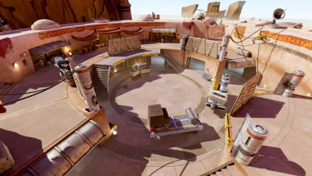 HD desktop wallpaper and background image from the video game Star Wars: Hunters, depicting a detailed, circular arena set in a desert environment with various sci-fi structures and equipment.