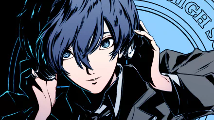 HD desktop wallpaper featuring Makoto Yuki from the video game Persona 3 Reload, showcasing a stylized illustration with blue and black tones.
