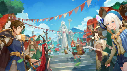 HD desktop wallpaper and background for the video game AFK Journey. It features colorful characters and a lively village scene with festive decorations.