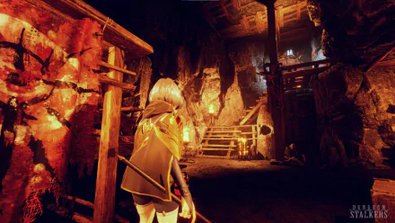 An engaging HD desktop wallpaper from the video game Dungeon Stalkers, featuring a character exploring a dimly-lit, intricate cave system with wooden scaffolding and glowing firelight.