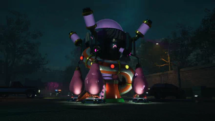 HD desktop wallpaper of Killer Klowns from Outer Space: The Game featuring a whimsical, futuristic structure lit by vibrant purple lights against a dark, night-time backdrop.