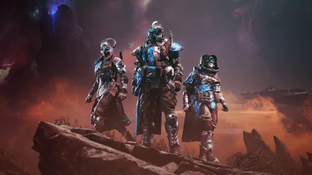 HD wallpaper featuring characters from Destiny 2: The Final Shape. Three armored figures stand on rugged terrain with a dramatic, otherworldly landscape in the background.