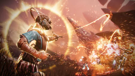 HD desktop wallpaper featuring a dynamic scene from the video game Destiny 2: The Final Shape. A character is surrounded by glowing energy in a fiery, battle-intense setting.