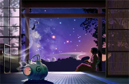 An anime-styled HD desktop wallpaper featuring a serene scene of a person in a kimono gazing at a starry sky through an open traditional Japanese room.