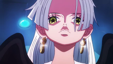 Anime-style 4K Ultra HD wallpaper featuring S-Snake from One Piece with striking yellow starry eyes and white hair against a dark, mysterious background.