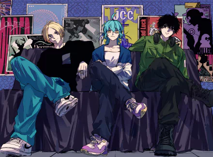 HD PC desktop wallpaper featuring characters from the anime and manga Sakamoto Days by Shin Asakura, showcasing three stylish figures seated against a backdrop of posters.