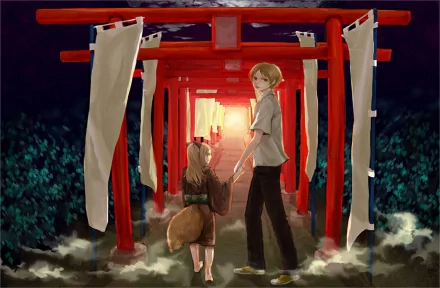HD anime wallpaper featuring Takashi Natsume and Kogitsune from Natsume Yuujinchou (Natsume's Book of Friends) walking through red torii gates at night.