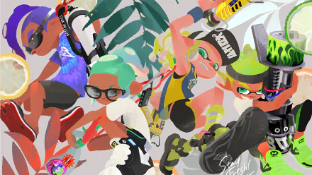 Vibrant Splatoon 2 characters dynamically posed in action, featured in a colorful 4K Ultra HD PC desktop wallpaper and background.