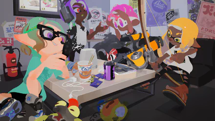 Splatoon 2 HD PC desktop wallpaper and background: colorful Inklings lounging around a cluttered table with ramen, gear, cans and posters in a cozy, urban game-style hangout.