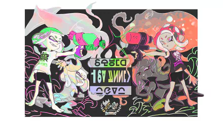 Splatoon 2 HD PC wallpaper: four stylized Inklings and Octolings in neon ink splashes around a central mirrored logo, squid motifs on a dark background.