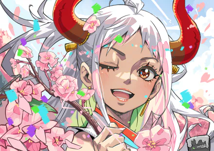 HD anime desktop wallpaper featuring Yamato from One Piece with white hair, red horns, and cherry blossoms in a vibrant, colorful background.