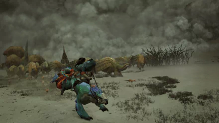 HD desktop wallpaper and background from the video game Monster Hunter Wilds, featuring a player riding a blue creature across a desolate landscape with other creatures in the distance and a cloudy sky.