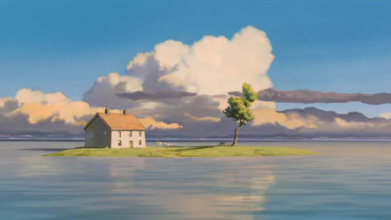 HD anime desktop wallpaper featuring a serene scene inspired by Studio Ghibli's Spirited Away, showing a small house and a single tree on a tranquil island.