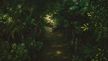 Lush, green forest path from Studio Ghibli's Spirited Away, featuring tranquil natural scenery in HD, with rich foliage and dappled sunlight.