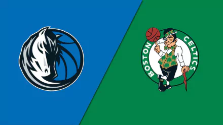 HD desktop wallpaper featuring the logos of NBA teams: Dallas Mavericks on a blue background and Boston Celtics on a green background.