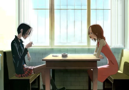 An HD desktop wallpaper featuring Nana Osaki and Nana Komatsu from the anime Nana, sitting across a table in a sunlit room, engaged in conversation.