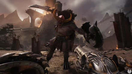 A high-definition desktop wallpaper and background image of the video game DOOM: The Dark Ages, featuring an intense scene with a horned monster wielding weapons in a post-apocalyptic setting.